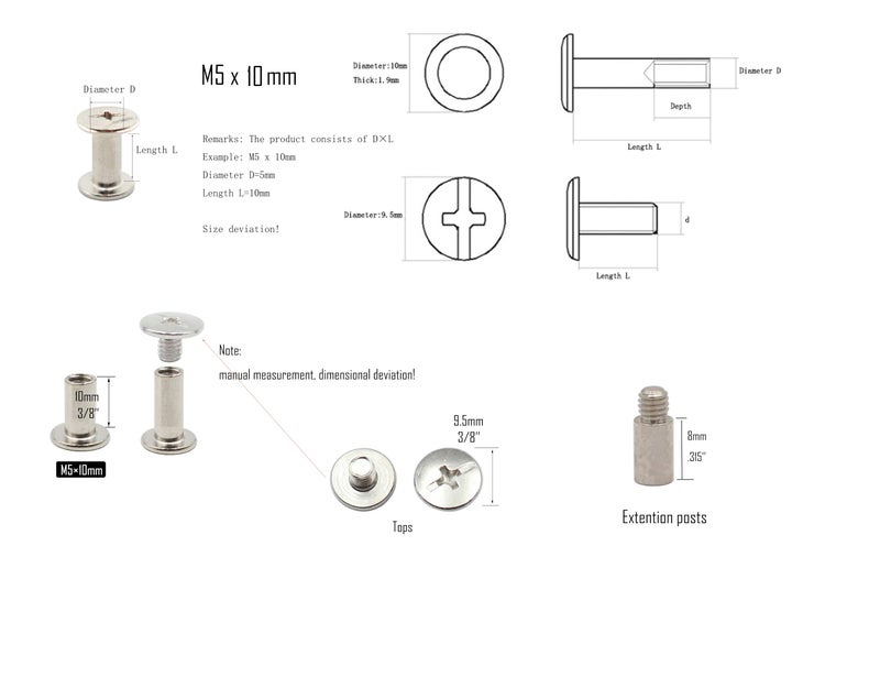 LBY 30 Sets M5 x 10mm Chicago Screws, Binding Screw Posts, Book Screws, Binding Barrels and Screws Assortment Kit, for Leather Saddles Purses Belt Repair, with Extention Posts (20pcs), Nickel-Plated - Image 5